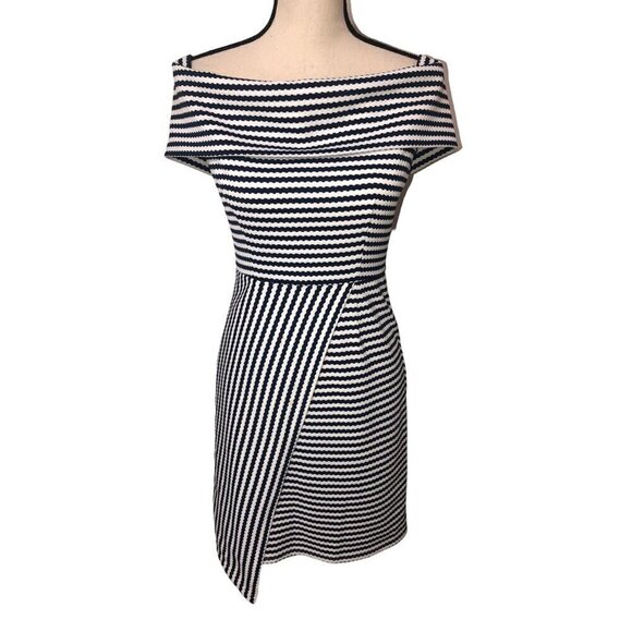 Hutch Off Shoulder Dress Size S Blue White Striped Knit Asymmetrical Nautical - Picture 2 of 11